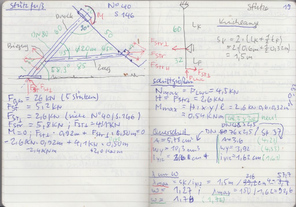 Skizze zur statischen Berechnung einer Schrägstütze mit Strebe. Statisches System, Knicklänge und Ermittlung der Schnittgrößen. Rundrohr DN 48,3 x 3,0 im Vergleich mit Rundrohr DN 76 x 2,5.